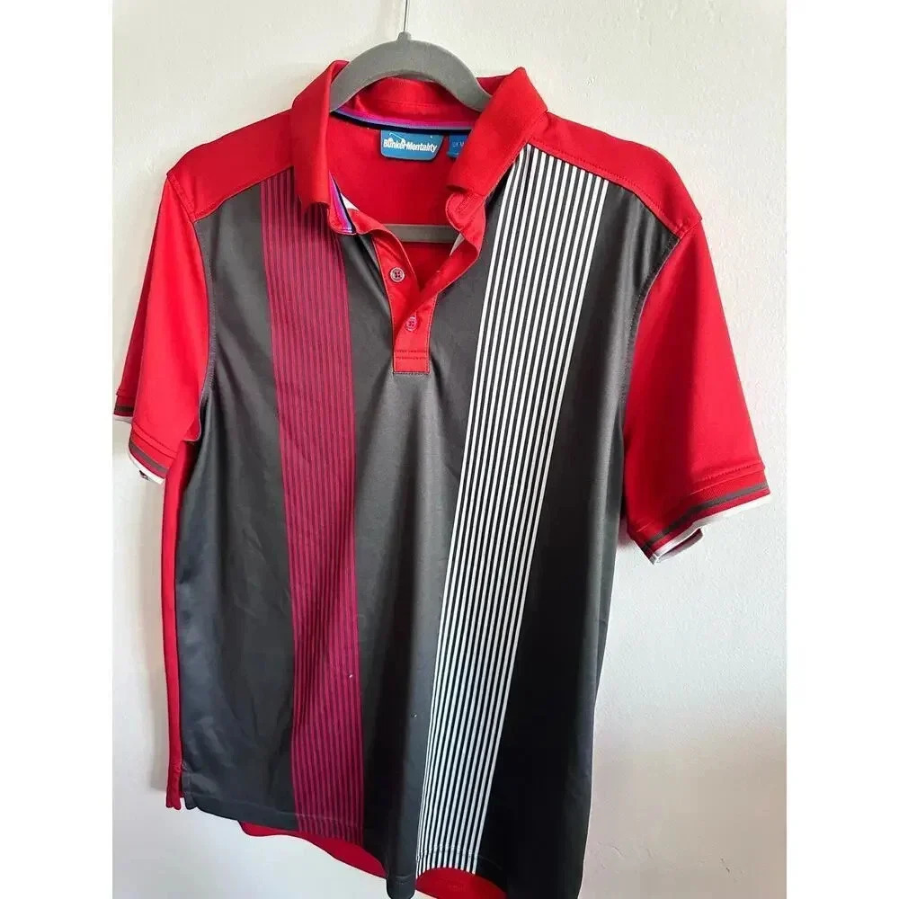 Bunker Mentality Red & Gray Short Sleeve Button Up Striped Polo Shirt Size Small